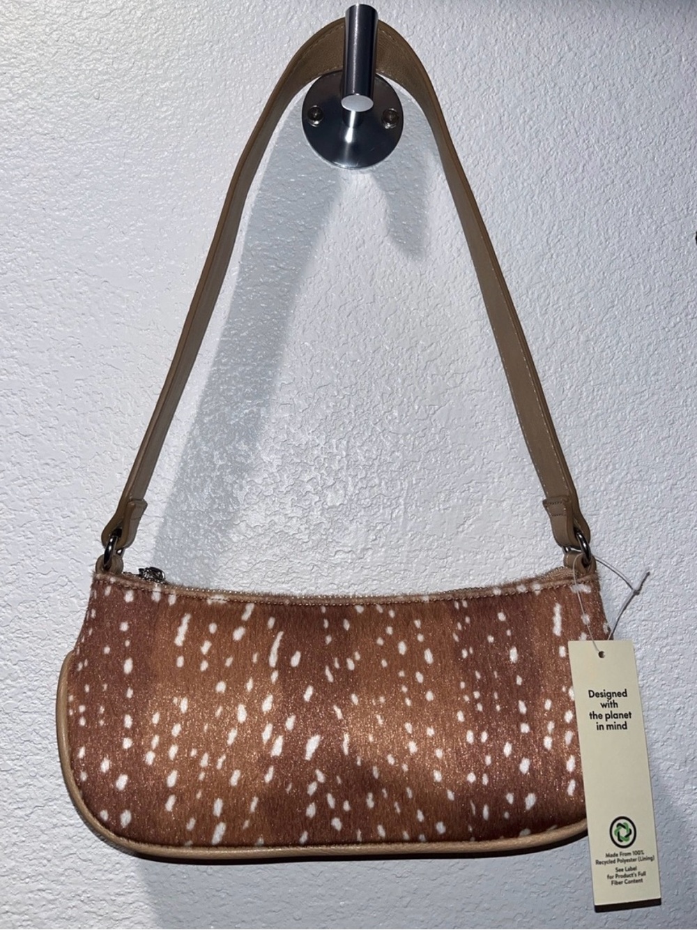 Spotted Brown Faux-Fur Shoulder Bag with Tan Strap